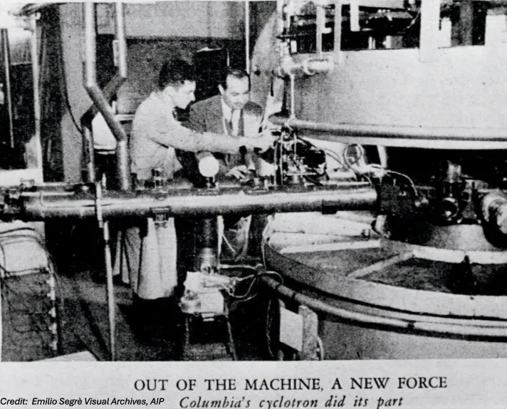 Archival article with black and white photo of Columbia cyclotron