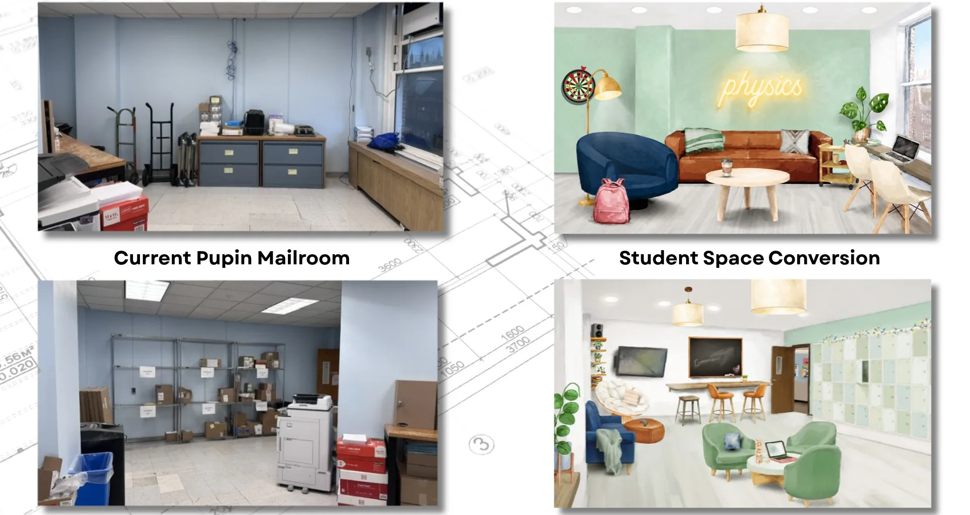 Sample mock-up of mailroom conversion to student space