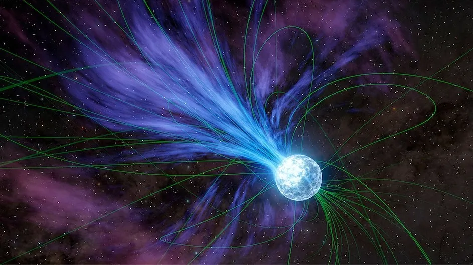 A visualization shows a giant flare erupting from a magnetized star called a magnetar. (NASA/JPL-Caltech)
